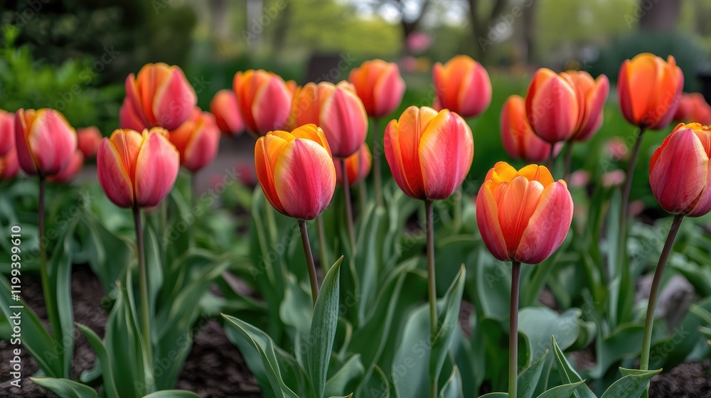 Vibrant Tulip Flowers in Full Bloom Surrounded by Lush Green Foliage, Captured in a Spring Garden Setting with Text Space Vibrant Tulip Flowers in Full Bloom Surrounded by Lush Green Foliage, Captured in a Spring Garden Setting with Text Space