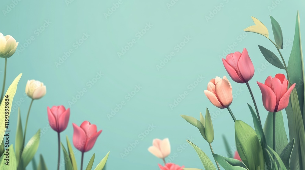 Vibrant tulip blooms in a garden with clear blue background and space for text Vibrant tulip blooms in a garden with clear blue background and space for text