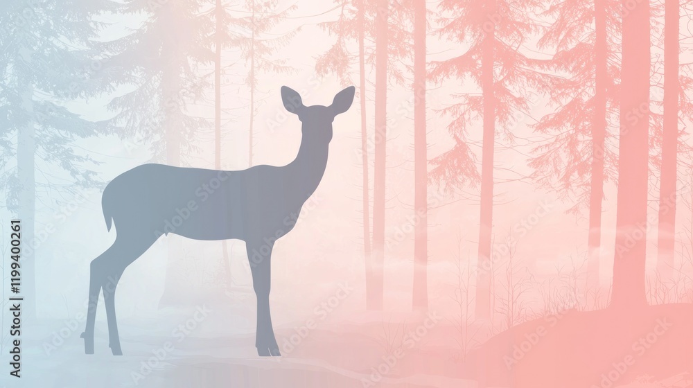 Deer Silhouette Against Soft Misty Forest Background at Sunrise Deer Silhouette Against Soft Misty Forest Background at Sunrise