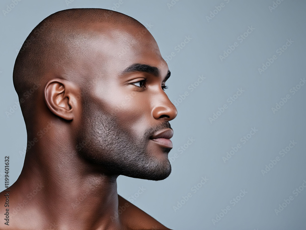 A man with a bald head and no shirt looking away from the camera A man with a bald head and no shirt looking away from the camera
