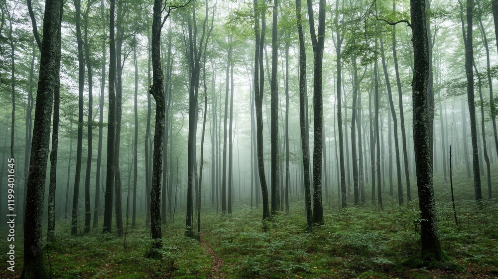 Fototapeta premium Lush green dense forest shrouded in mist and fog with tall trees creating a serene atmosphere and ample empty space for text overlay