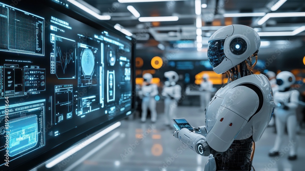 Futuristic robots analyze data on a large screen in a modern lab. Futuristic robots analyze data on a large screen in a modern lab.