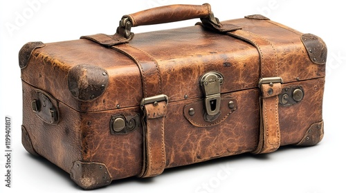 Vintage leather suitcase with worn edges, placed on a neutral background photo