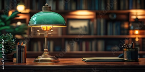 Vintage Green Desk Lamp in a Cozy Library