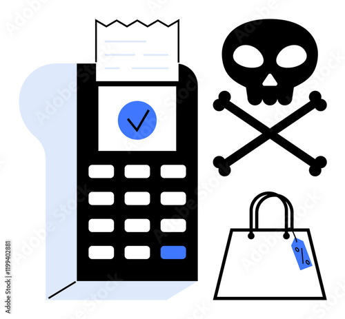 POS terminal with receipt, toxic skull and crossbones symbol, and shopping bag with discount tag highlight risks associated with online shopping. Ideal for digital transactions, e-commerce safety