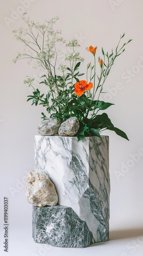 a vase with flowers and rocks on a table photo