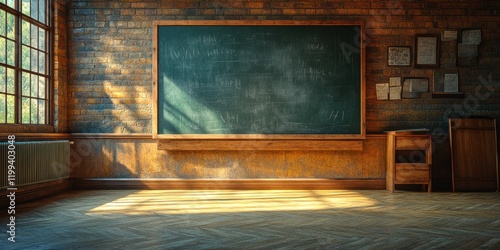 Sunlit Classroom: A Vintage Schoolroom with Chalkboard and Wooden Details photo