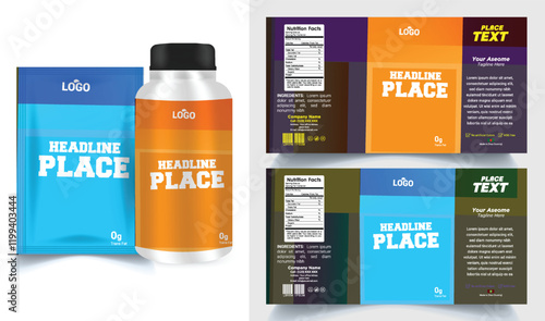 Vitamin label sticker design, natural multi food supplement banner packaging, jar label.