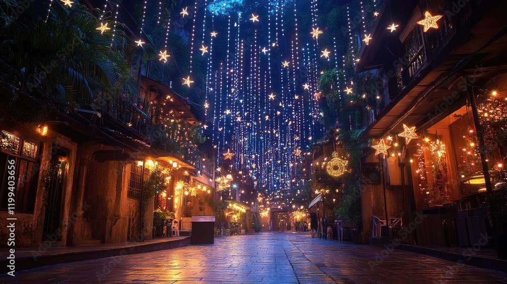 Obraz premium Festive Night Street Decorated With Star Lights