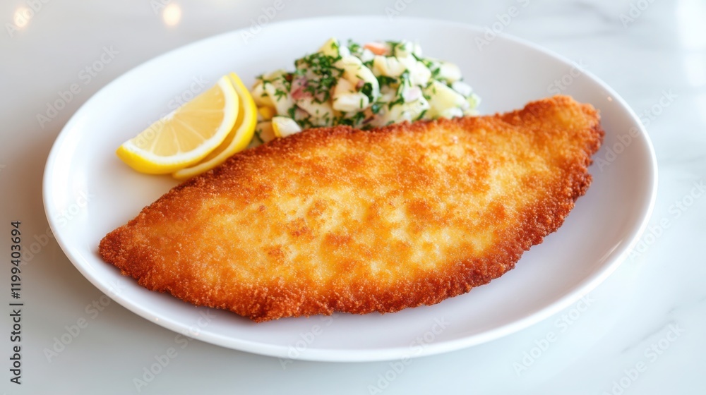 a classic German schnitzel, golden and crispy, served with potato salad and lemon wedges a classic German schnitzel, golden and crispy, served with potato salad and lemon wedges
