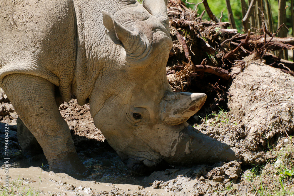 Fototapeta premium Breitmaulnashorn (Ceratotherium simum) oder Breitlippennashorn, Afrika 