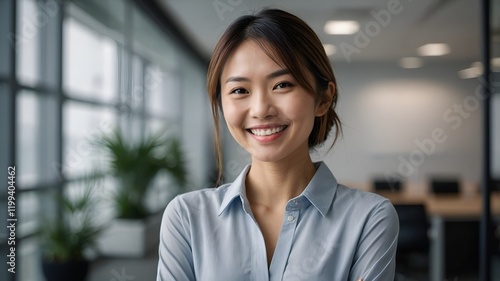 photo of a beautiful Asian woman smiling happily posing in the office Free Download photo of a beautiful Asian woman smiling happily posing in the office - GFXLoad