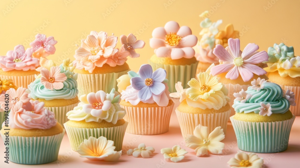 Pastel cupcakes decorated with fondant flowers. Pastel cupcakes decorated with fondant flowers.