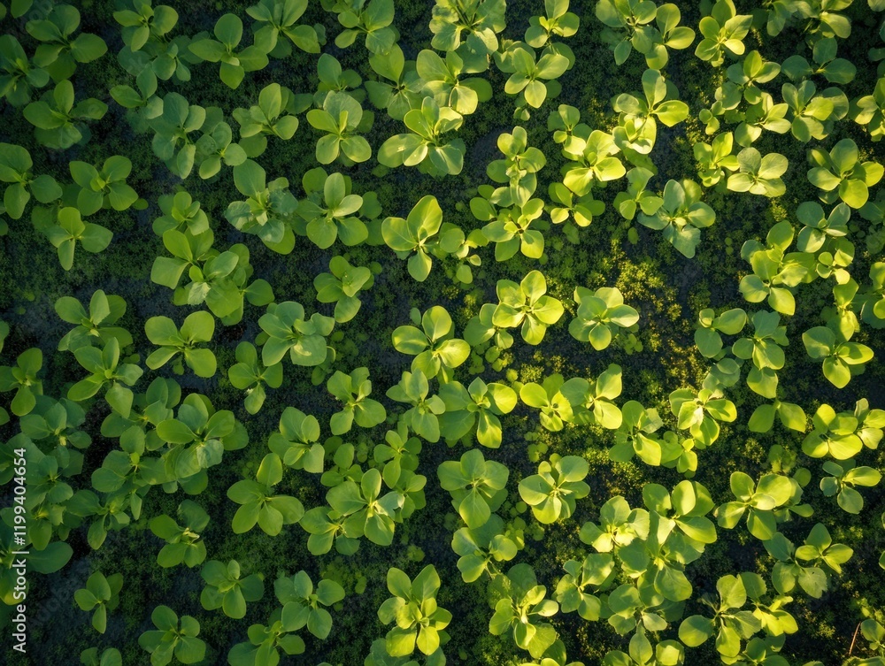 An aerial view of lush green plants on dark soil under sunlight casting soft shadows An aerial view of lush green plants on dark soil under sunlight casting soft shadows