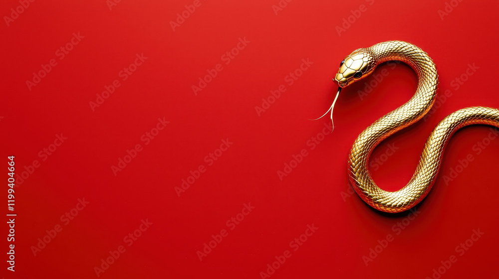 A golden snake on a vibrant red background, capturing natural elegance and beauty. A golden snake on a vibrant red background, capturing natural elegance and beauty.