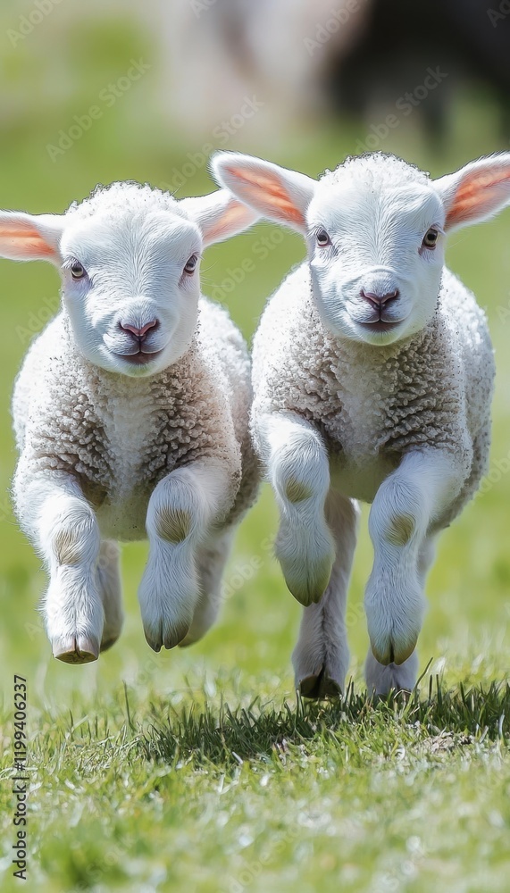 Two adorable lambs frolic and leap across a vibrant green pasture, their fluffy white coats contrasting beautifully against the lush grass. Two adorable lambs frolic and leap across a vibrant green pasture, their fluffy white coats contrasting beautifully against the lush grass.