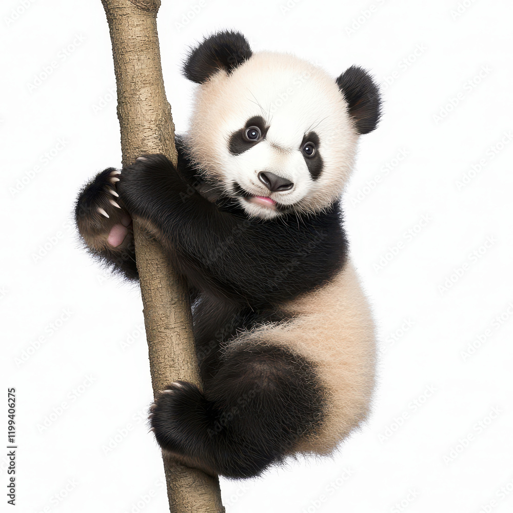 Fototapeta premium A playful baby panda climbing a tree with a curious expression and fluffy fur.