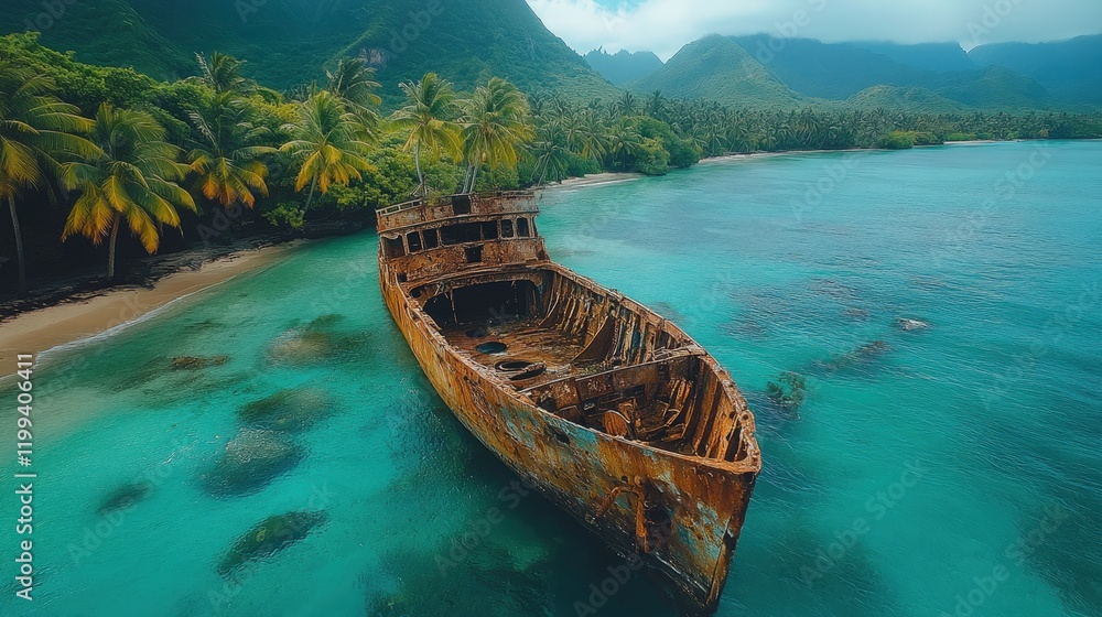 Rustic shipwreck rests in tropical, turquoise waters. Rustic shipwreck rests in tropical, turquoise waters.