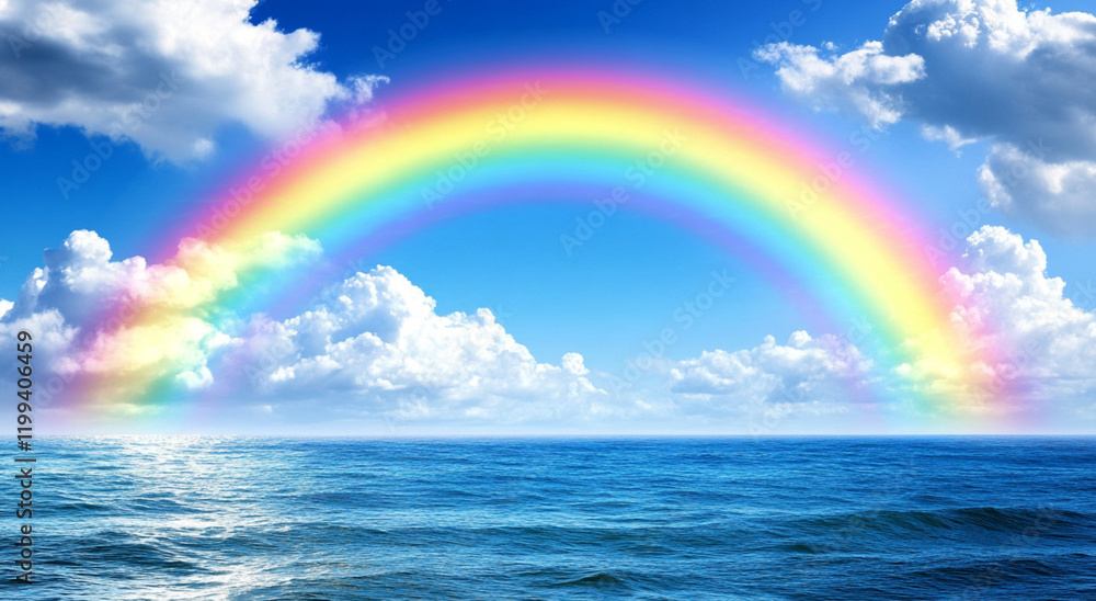 A rainbow over the ocean, symbolizing hope and happiness after rain A rainbow over the ocean, symbolizing hope and happiness after rain