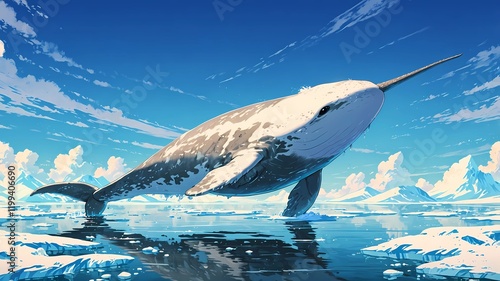 Majestic Narwhal Swimming in Arctic Waters: A Stunning Scene of Wildlife in Icy Landscapes photo