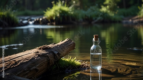 A glass water bottle sits on a weathered log at the edge of a serene stream, surrounded by lush greenery and gently rippling water reflecting early morning sunlight. photo