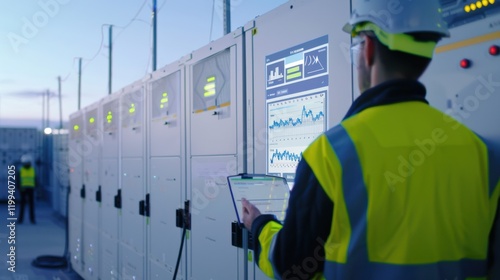 A renewable energy consultant analyzing energy storage system performance data at a renewable energy facility, with battery storage units and data analytics screens visible