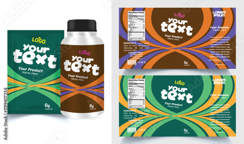 Vitamin label sticker design, natural multi food supplement banner packaging, jar label.