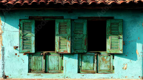 Rustic Charm: Weathered Green Shutters of an Old House photo