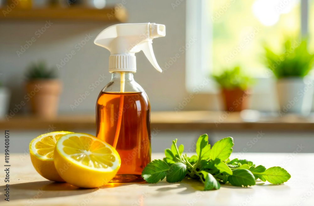 Bright natural cleaning solution made from lemon and mint placed on a kitchen counter with sunlight pouring in Bright natural cleaning solution made from lemon and mint placed on a kitchen counter with sunlight pouring in