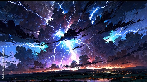 Dramatic Lightning Storm Over a Vibrant Landscape: A Striking Scene of Electric Skies and Illuminated Clouds photo