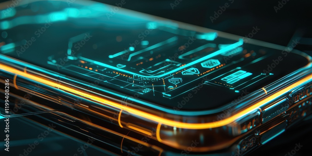 Obraz premium A close-up of a glowing phone displaying a futuristic interface.