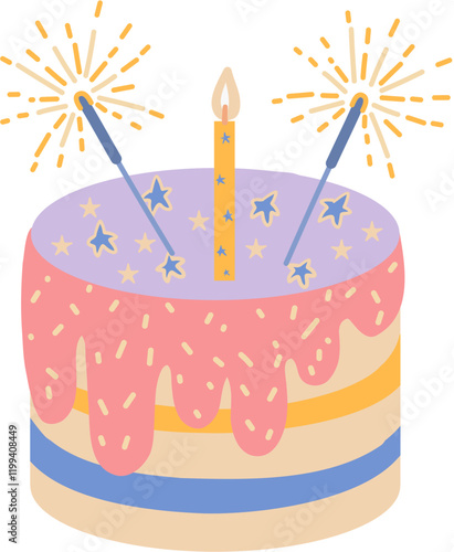 Birthday cake. party decoration element. Childish flat hand drawn vector illustration isolated on white background.