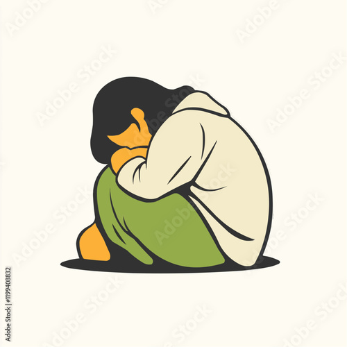 Child Sitting Alone Hugging Knees Sad Posture. Vector Image