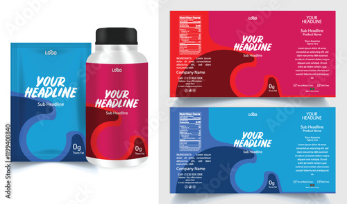 Vitamin label sticker design, natural multi food supplement banner packaging, jar label.