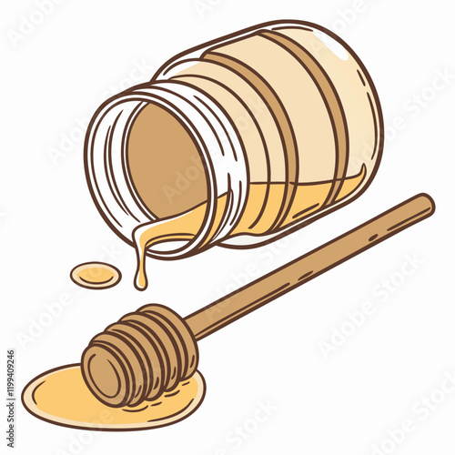 spilled jar of honey with a wooden dipper