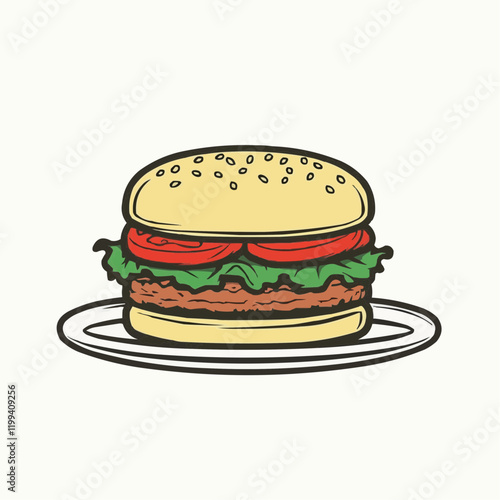 Delicious Hamburger on Plate Illustration. Vector Image