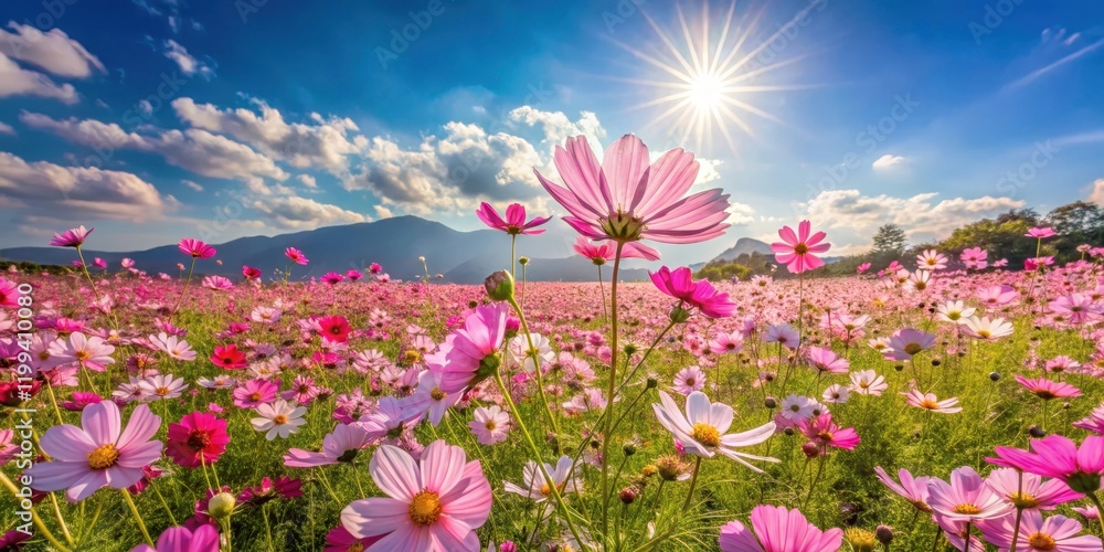 Fototapeta premium Cosmos flower field in full bloom, sunny day, landscape photography