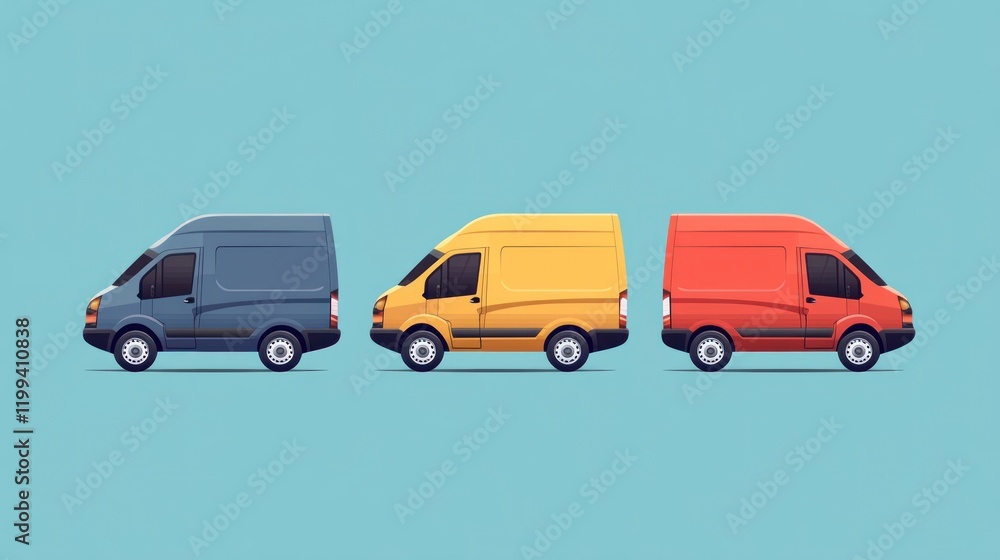Fototapeta premium Three Delivery Vans in a Row: A Colorful Illustration of Transportation and Logistics