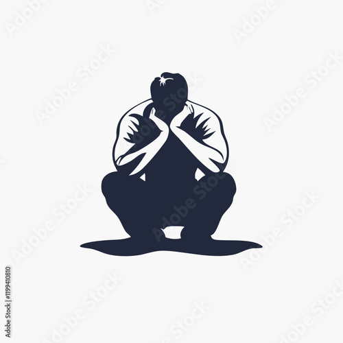 Silhouette of a person sitting with head bowed in sorrow. Vector Image