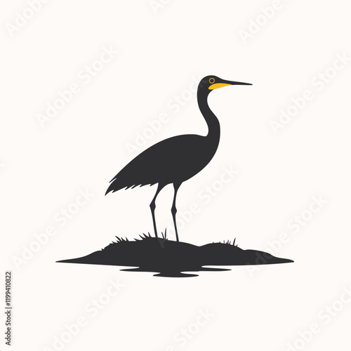 Silhouette of a wading bird by the water. Vector Image