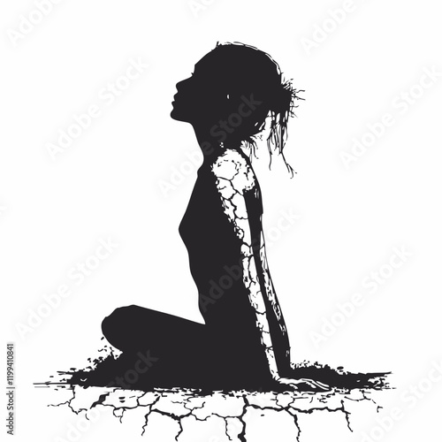 Silhouette of woman seated on cracked earth. Vector Image