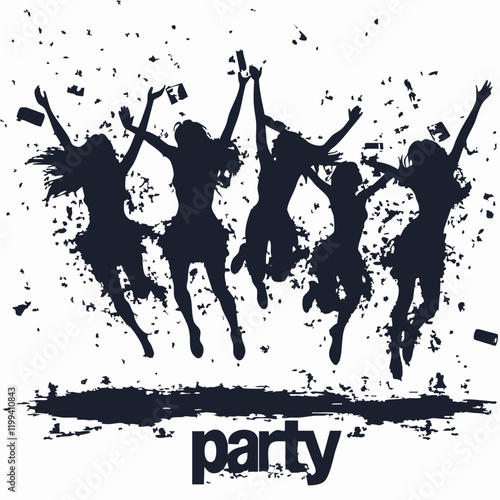Silhouettes of Jumping Women at a Party Celebration. Vector Image