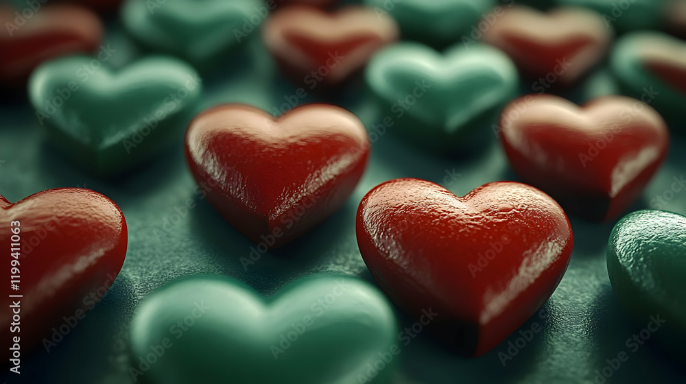 Obraz premium Red, green hearts, textured surface, love, Valentine's