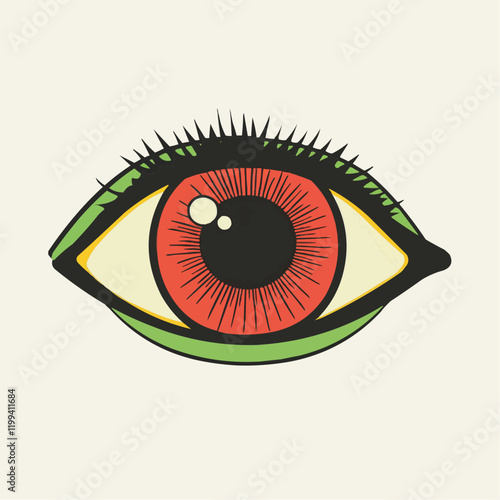 Stylized Red Eye with Green Eyeliner Vector Illustration. Vector Image