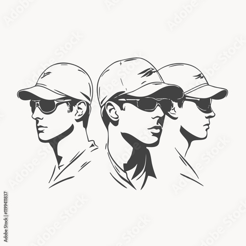 Three stylized male profiles wearing caps and sunglasses. Vector Image