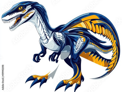 a hyper-detailed illustration of a velociraptor, sleek and dynamic, standing upright with bright blue scales and yellow accents photo