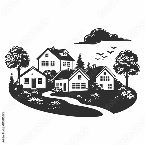 Village Houses Landscape Illustration Silhouette. Vector Image