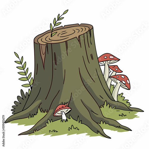 tree stump with moss and mushrooms