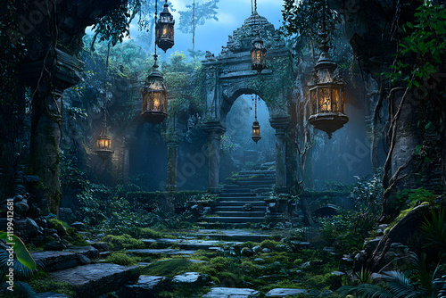 Fototapeta Naklejka Na Ścianę i Meble -  Enchanting twilight scene of ancient stone ruins overgrown with lush jungle foliage, illuminated by hanging lanterns.  Mysterious and atmospheric.