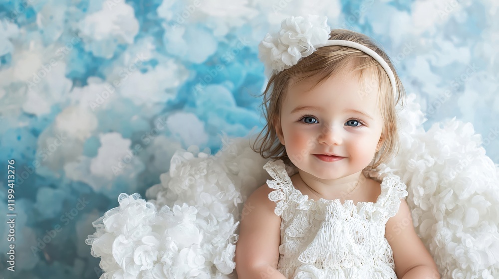 Adorable Baby Girl in White Dress Posing Against a Dreamy Blue Sky Backdrop Adorable Baby Girl in White Dress Posing Against a Dreamy Blue Sky Backdrop